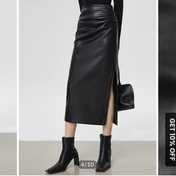 COMMONSENSE Faux Leather Ruched Slit Midi Skirt - Picture 4 of 6